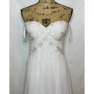 Destinations Mon Cheri Wedding Dress Gold Embroidered Chiffon Silk Overlay